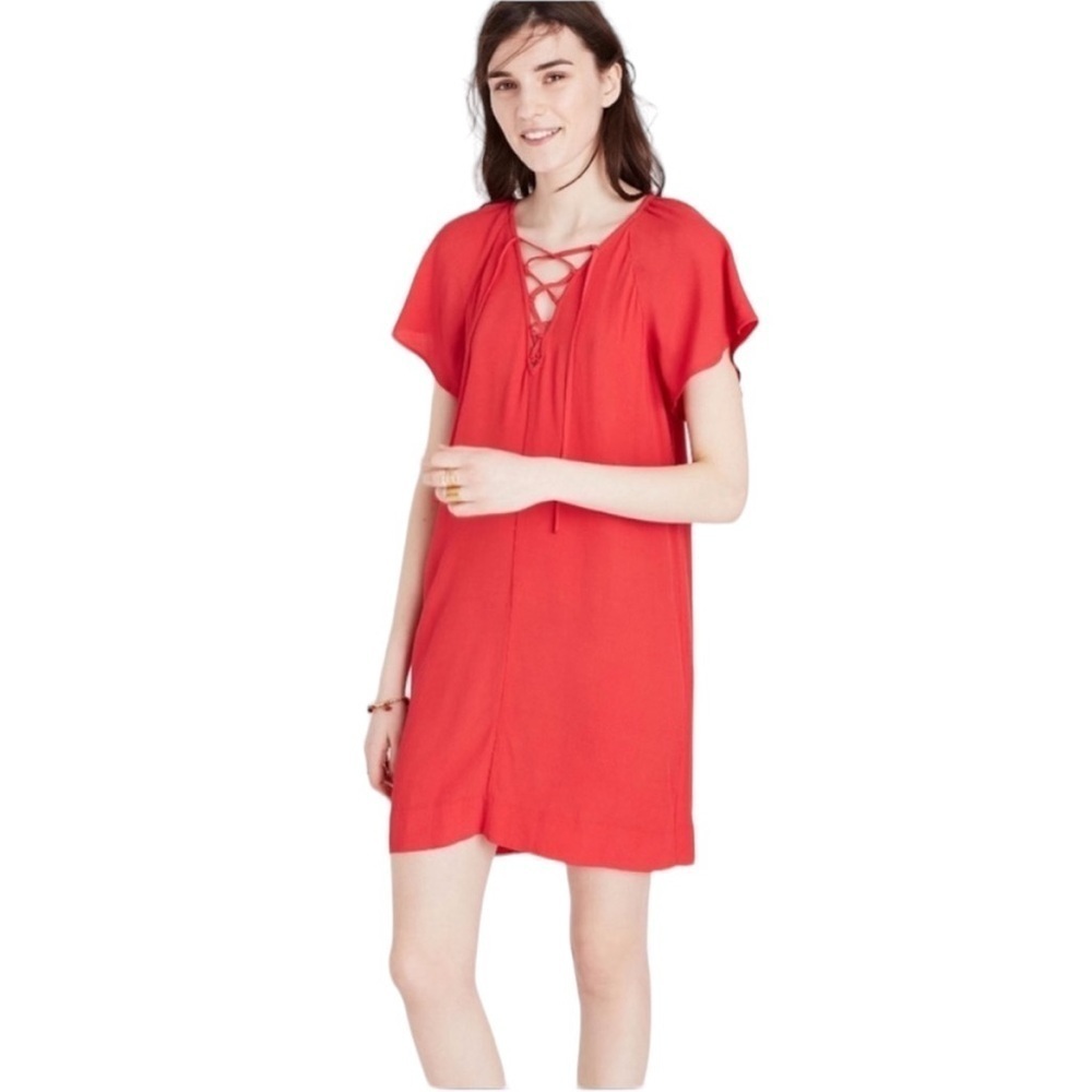 Madewell Red Flutter Sleeve Lace Up Mini Dress XXS Mini Simple Summer